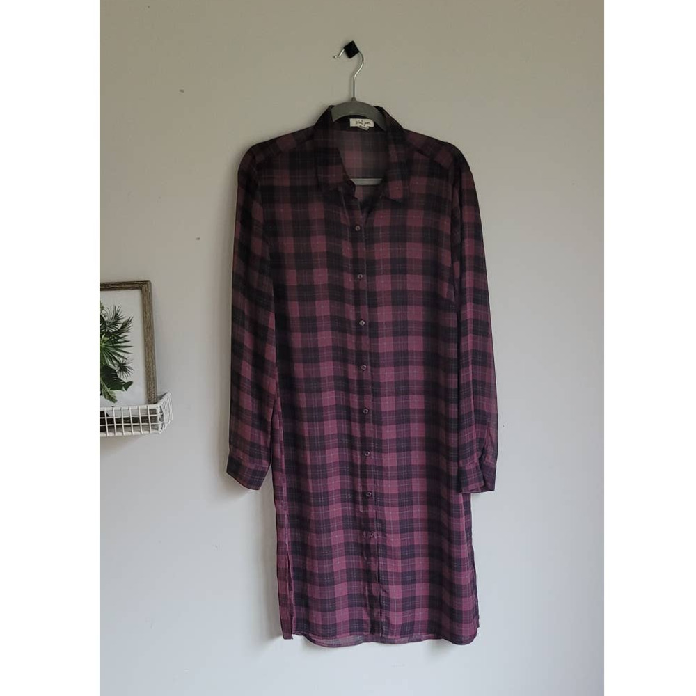 Tribal Jeans Longline Plaid Sheer Duster Burgundy Black Medium